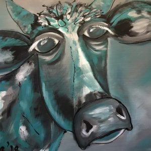 Schilderij gekke koe blauw