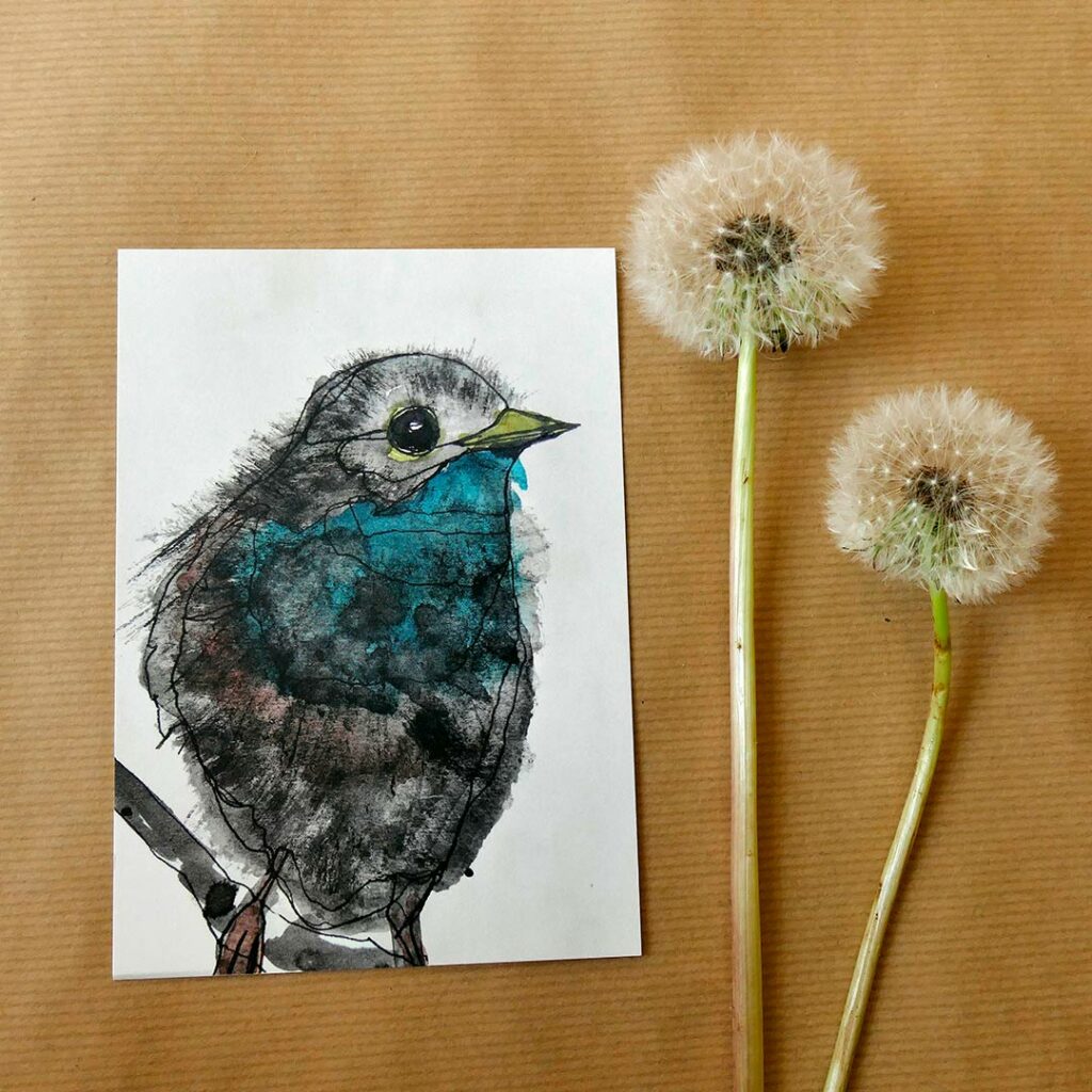 A6 kaart ingekleurde lijntekening blauwborst