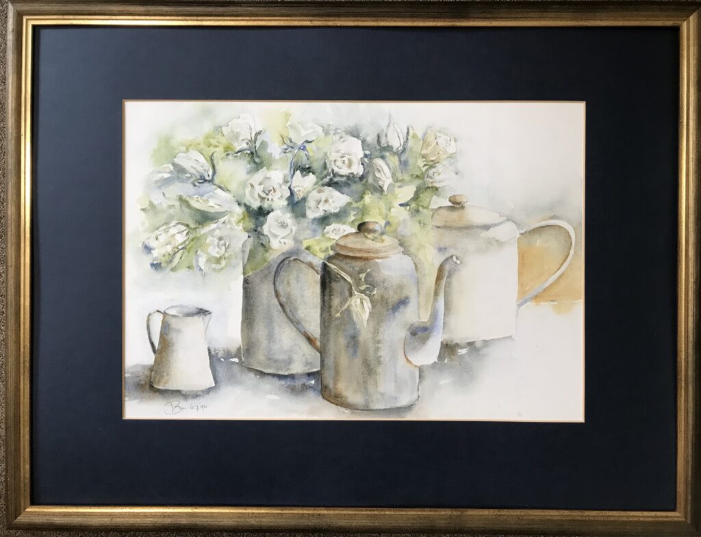 Aquarelschilderij witte rozen 60 x 80 cm