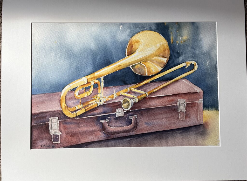 Schuiftrombone aquarelschilderij