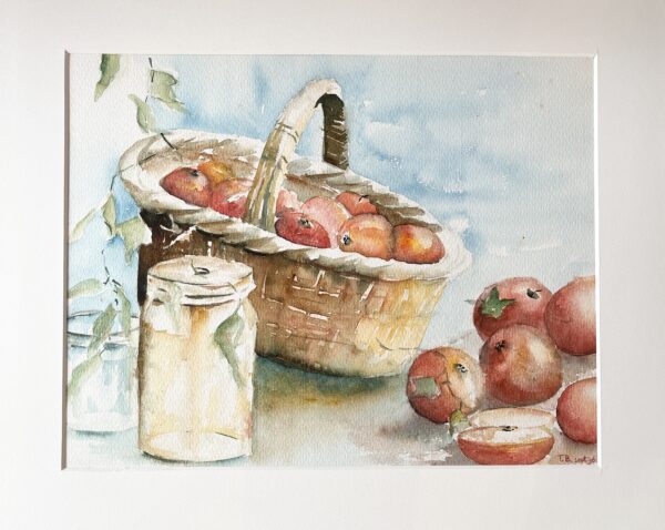 Appeltjes in de mand aquarelschilderij