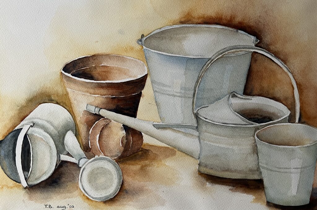 Zinken gieters aquarelschilderij