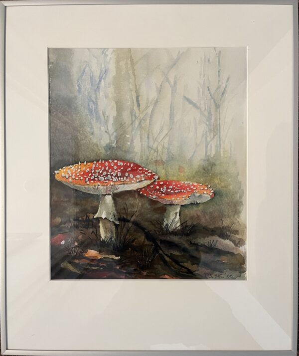 Paddenstoelen in het bos aquarelschilderij