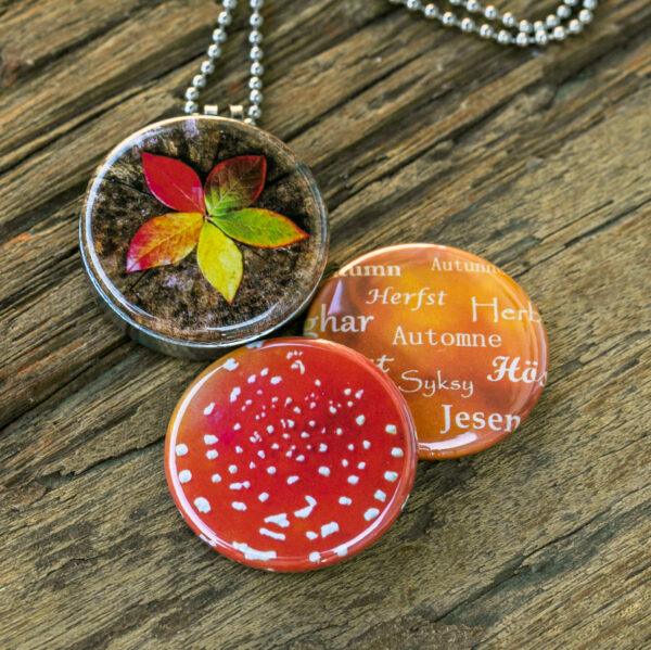 Fotomedaillon ketting/medaillon ketting met close up foto`s van herfst in rood geel en oranje. Roest vrij stalen ketting,rvs medaillon,roestvrij staal medaillon. Voor het dicht bij je dragen van je favoriete foto.