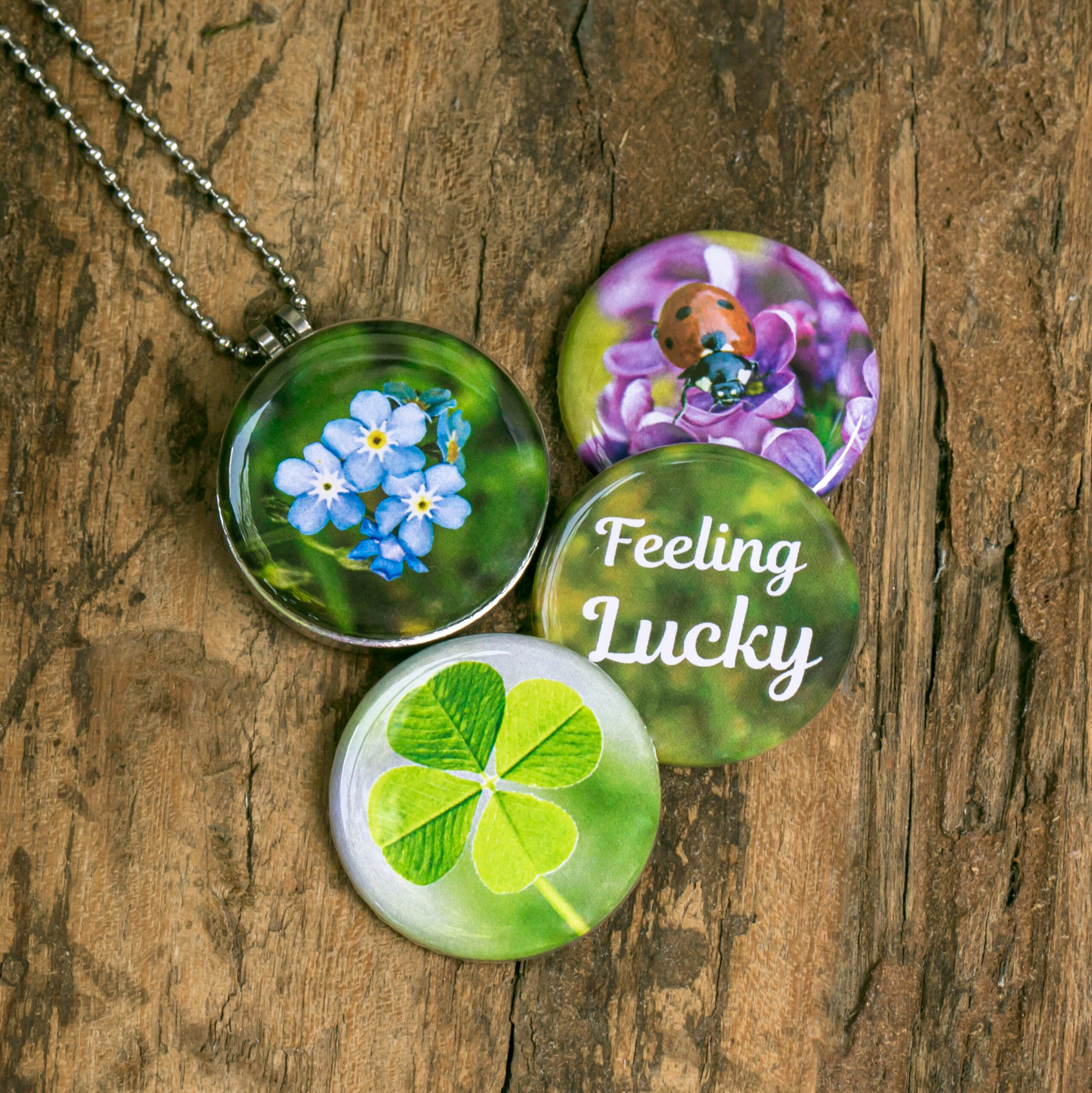 Roestvrij stalen fotomedaillon ketting met vier verschillende verwisselbare voorkanten. Met close up foto`s van geluksbrengers,luchy charms, klavertje vier,lieveheersbeestje en vergeet-me-nietjes. Rvs/roesvrij stalen fotomedaillon. Voor het dicht bij je dragen van je speciale foto.