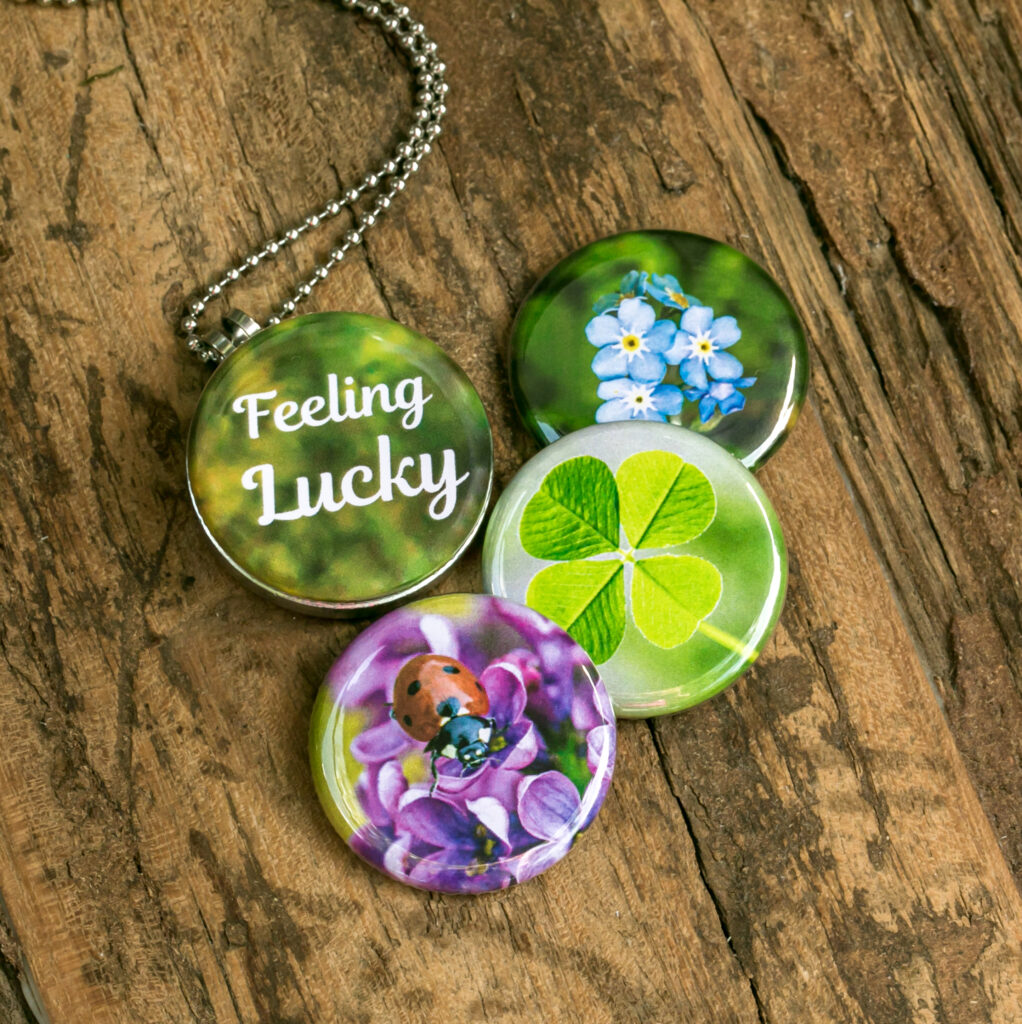 Roestvrij stalen fotomedaillon ketting met vier verschillende verwisselbare voorkanten. Met close up foto`s van geluksbrengers,luchy charms, klavertje vier,lieveheersbeestje en vergeet-me-nietjes. Rvs/roesvrij stalen fotomedaillon. Voor het dicht bij je dragen van je speciale foto.