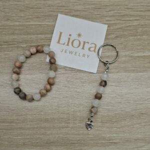 🌞🌙 Set Armband & Sleutelhanger – Frozen Sunstone & Maansteen (8mm)