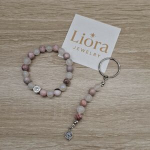 🌸🌙 Set Armband & Sleutelhanger – Roze Opaal & Maansteen (8mm)