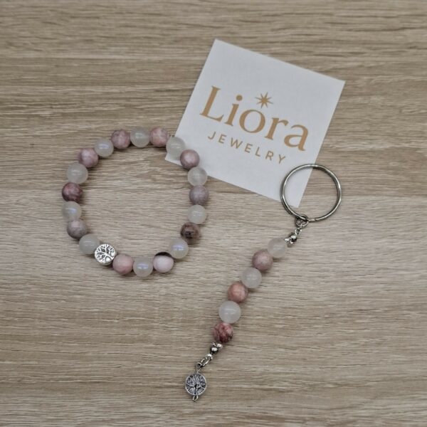 🌸🌙 Set Armband & Sleutelhanger – Roze Opaal & Maansteen (8mm)