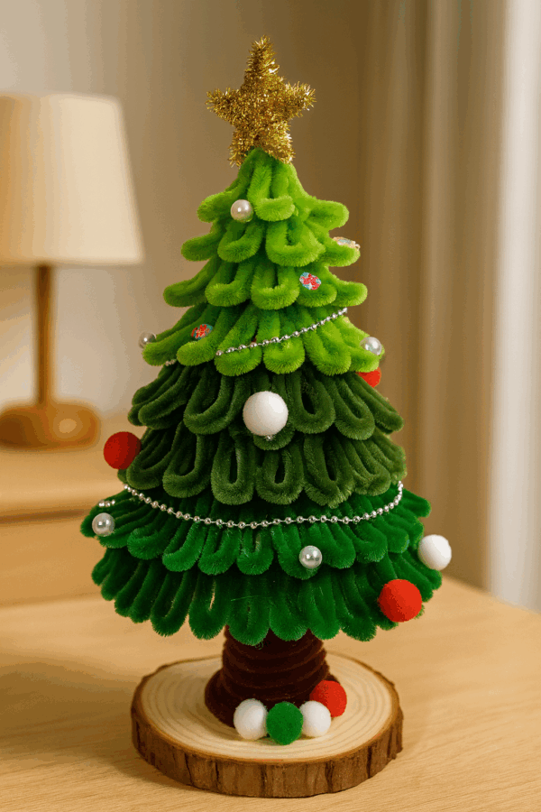 Handgemaakte groene kerstboom met houten voet en pareldecoratie