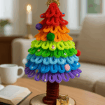 Handgemaakte regenboog kerstboom van chenilledraad op houten basis