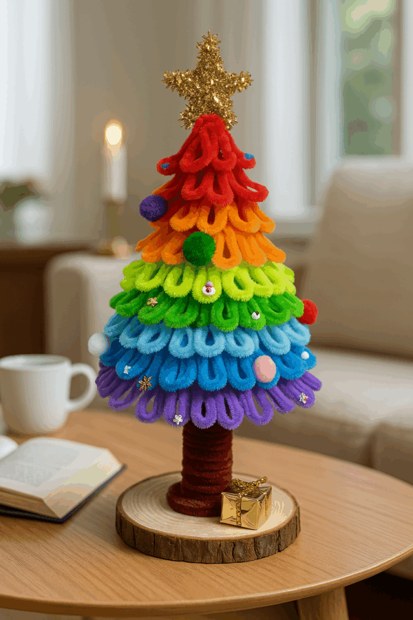 Handgemaakte regenboog kerstboom van chenilledraad op houten basis