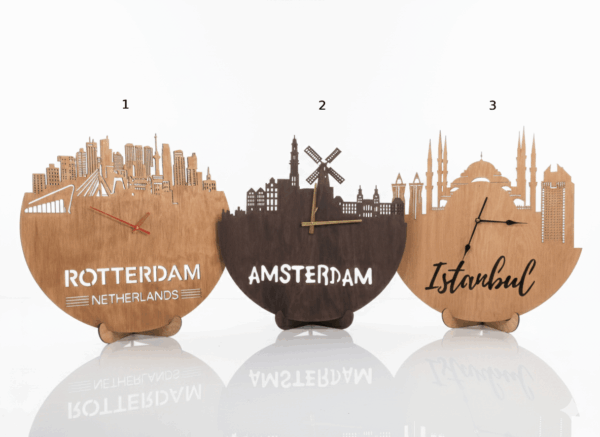 Houten Skyline Wandklok – [Kies jouw Stad] – Ø 580 mm