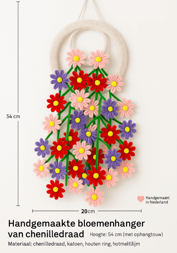 Handgemaakte bloemenhanger van chenilledraad – vrolijke raamdecoratie
