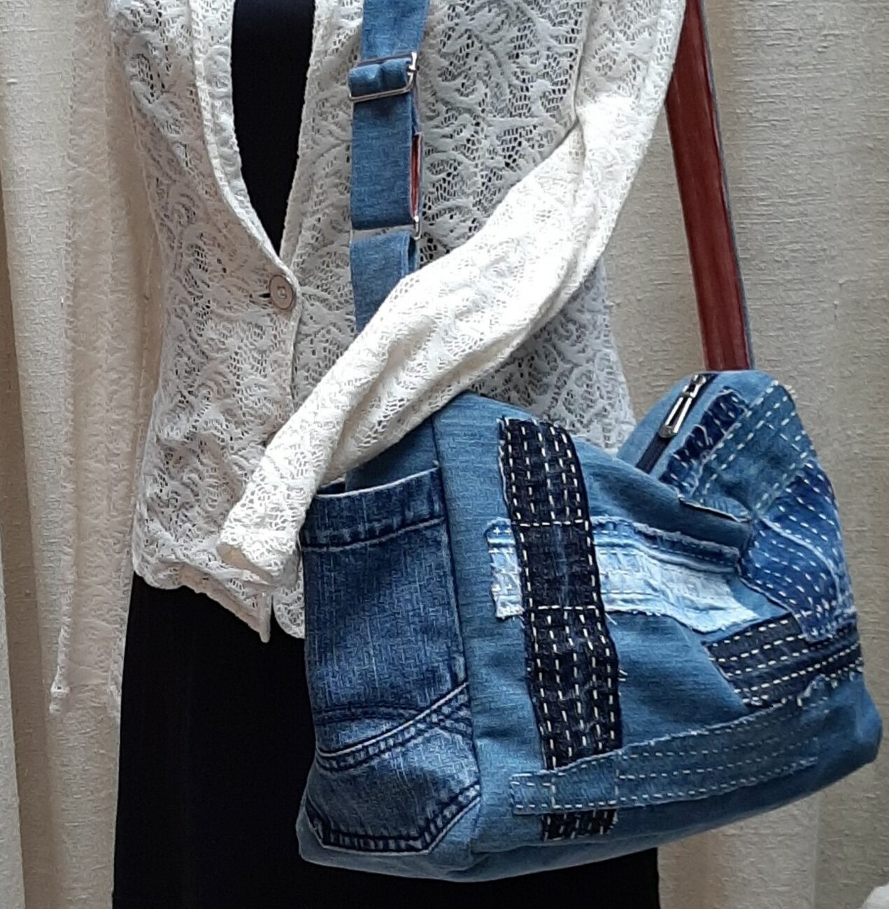 Kidukusewing - Denim schoudertas met Boro - Afbeelding 4