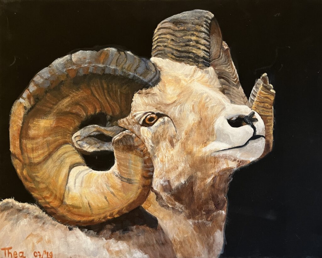Schaap met hoorns acrylschilderij