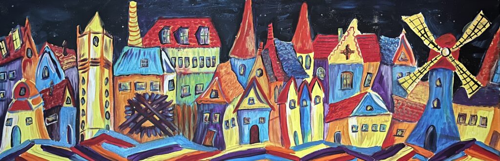 Vrolijke huisjes Eibergen schilderij in acryl